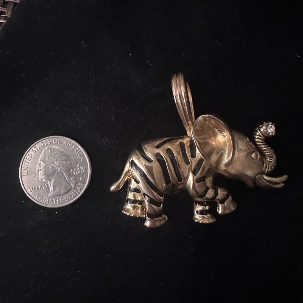 Gold Elephant Necklace Pendant with Black Enamel and Rhinestone - Picture 2 of 4
